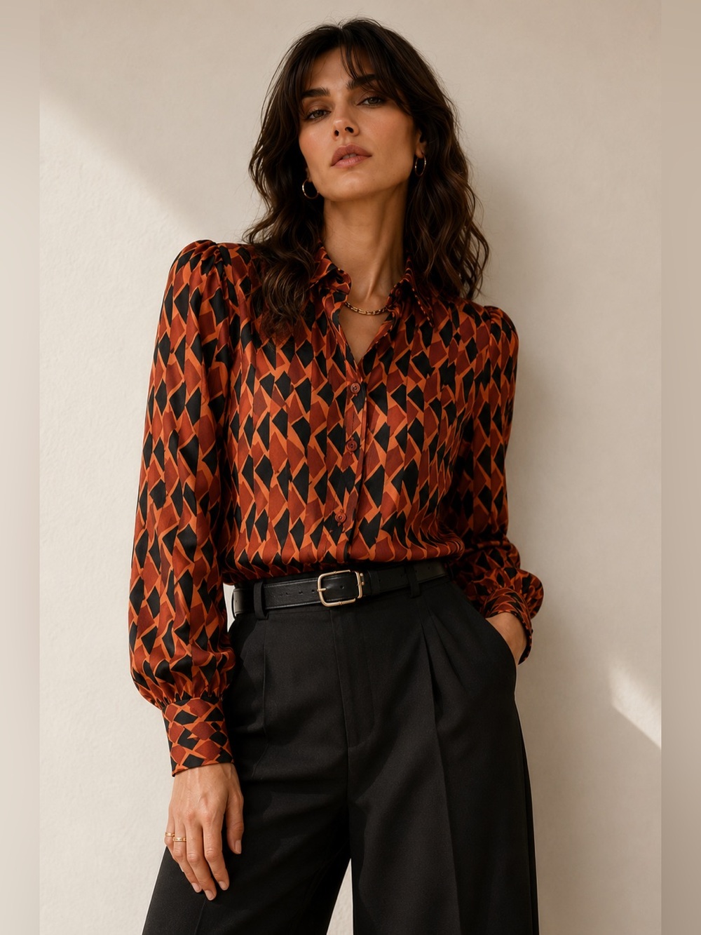 M Missoni Burnt Orange & Black Geometric Print Blouse Size IT 40 | US 4